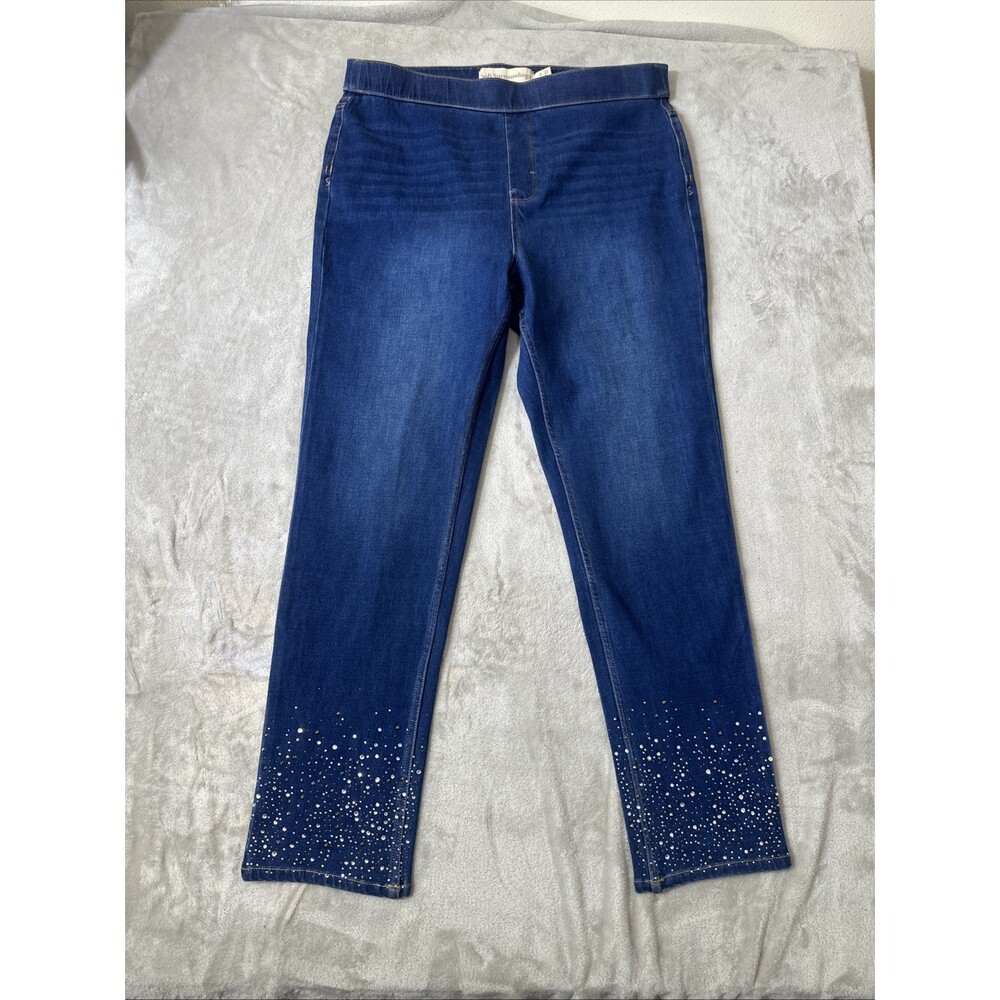 Soft Surroundings Pull On Jeans Women’s XL Blue Denim Embellished Hem Stretch